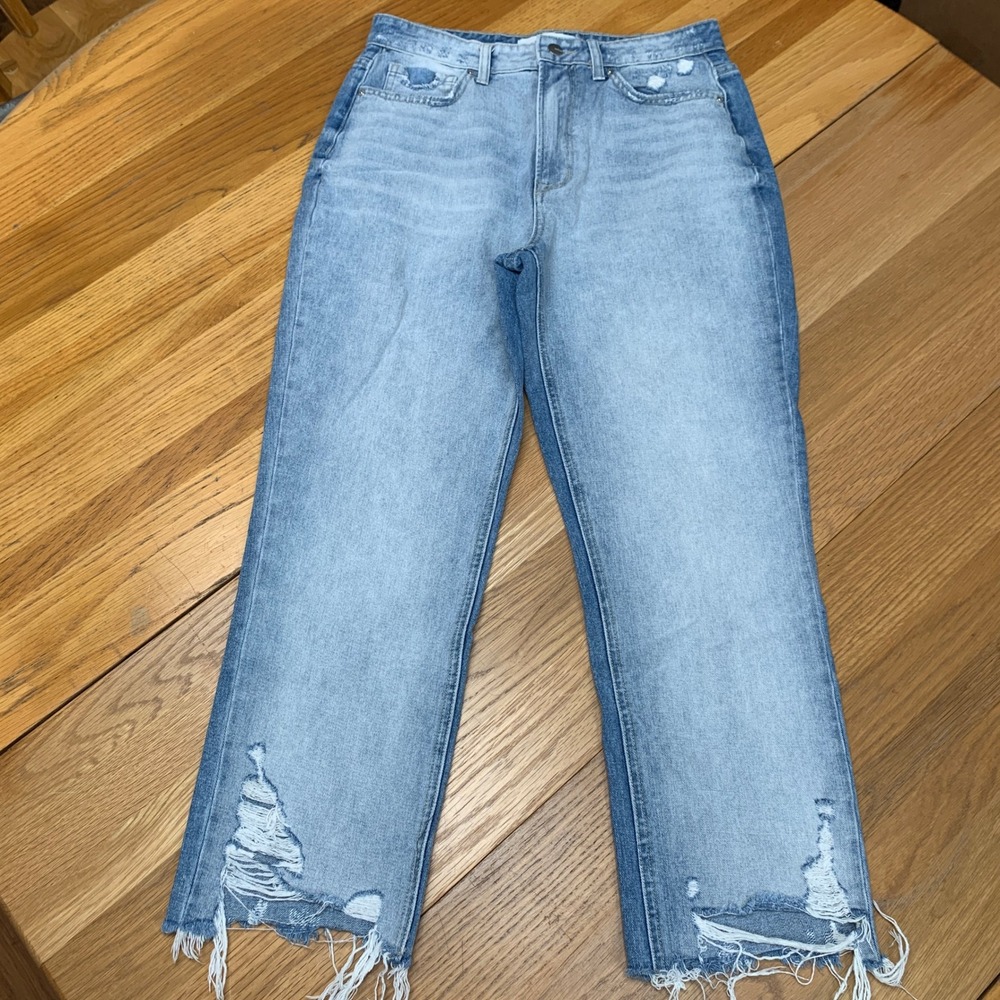 Mica Los Angeles Distressed High Rise Straight Leg Jeans Light Wash Blue Size 28